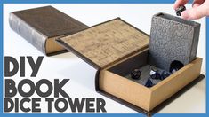 an open book with dice in it and the words diy book dice tower above it