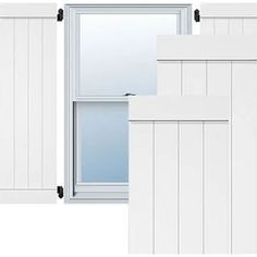 three different types of windows with white sidings and wood slats on the sides