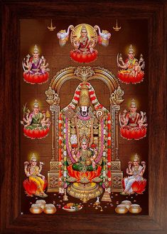 a painting of lord ganesha surrounded by other gods and goddesss, in a wooden frame