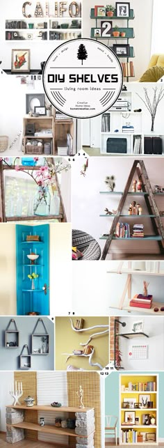 the collage shows many different types of furniture and bookshelves in various rooms