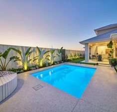 an outdoor swimming pool surrounded by greenery at dusk