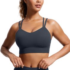 PRICES MAY VARY. Designed for yoga. Light support. Butterluxe collection features extremely soft and ultra stretchy, engineered for luxurious comfort. Molded cups with no removable padding. Double spaghetti strap front and criss cross strap back. Scoop neckline. Longline sports bra for more coverage. Butterluxe collection engineered for extremely soft comfort. Super stretchy material made for all ways you move. Molded foam cups are lightweight, soft for comfort and proper support. Sexy crossover Seamless Strappy Activewear For Training, Strappy Seamless Activewear For Training, Seamless Strappy Activewear For Yoga, Yoga Sports Bra With Light Support And High Stretch, Sporty Gray Sports Bra For Pilates, Seamless Strappy Sports Bra For Athleisure, Seamless Strappy Sports Bra In Athleisure Style, Strappy Seamless Sports Bra For Athleisure, Gray Sports Bra For Pilates