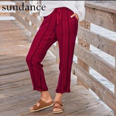 Brand New W Tags. Shobu Striped I’m Pants. Easy, Relaxed Striped Pants With Drawcord For The Perfect Fit. Four Patch Pockets. Cotton. Machine Wash. Sundance Brand. Size L (12-14) 28" Inseam. Rise Approximately 11”. Waist Flat Is 16.5” With Room W Drawstring Waist. Red Non-stretch Summer Pants, Red Non-stretch Spring Harem Pants, Casual Burgundy Straight Leg Bottoms, Red Stretch Harem Pants, Stretch Red Harem Pants, Casual Burgundy Bottoms For Loungewear, Burgundy Casual Loungewear Bottoms, Red Non-stretch Casual Harem Pants, Casual Red Harem Pants For Fall