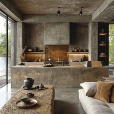 an open kitchen and living room area with concrete walls, floor to ceiling windows, and stone counter tops