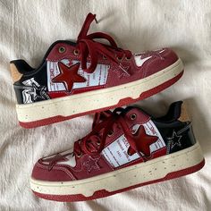 WINE RED STAR SNEAKERS | Aesthetic Shoes – Boogzel Clothing Cute Aesthetic Clothing Ideas, Embroidered Nike Shoes, Colorful Shoes Aesthetic, Red Star Outfit, Aesthetic Mens Shoes, Wine Red Shoes, Red Style Outfit, Simple Gifts For Him, Red Shoes Aesthetic