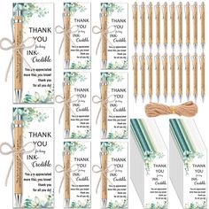 a set of six thank note cards with wooden pencils and twine on them