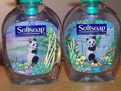 two bottles of soap with panda bears on them