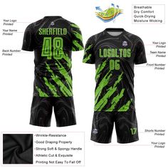 Custom Soccer Uniforms - Custom Black Neon Green Sublimation Soccer Uniform Jersey Black Sublimation T-shirt For Team Events, Black Sublimation Design T-shirt For Team Events, Customizable Black T-shirt For Sports Events, Customizable Black Sports T-shirt, Customizable Black T-shirt For Football Season, Customizable Black T-shirt For Sports, Black Custom Print T-shirt For Football Season, Vintage Soccer Jersey, Shirts For Mens