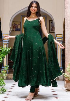 Faux Crepe Anarkali Kameez in Dark Green. This Readymade Sleeveless attire with Shantoon Lining is Enhanced with Resham and Sequins Work, Along with Gota Lace Work on Dupatta .Crafted in Round Neck. Available with a Shantoon Churidar in Dark Green and a Faux Crepe in Dark GreenThe Kameez and Bottom Lengths are 50 and 45 inches respectively. We sell all kinds of salwar kameez sets for women Georgette Salwar Kameez | Crepe Salwar Kameez | Art Silk Salwar Kameez | Velvet Salwar Kameez | Chiffon Sal Crepe Dress Indian, Anarkali Suits For Plus Size Women, Black Indian Dress Anarkali, Off Shoulder Anarkali Suits, A Line Salwar Suits, Sleeveless Suits For Women Indian, Anarkali Dress Sleeveless, Dark Green Anarkali Dress, Green Kurta Set Women