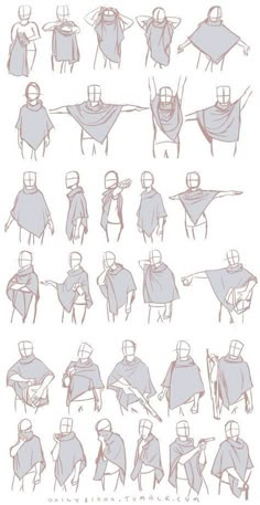 some drawings of people with capes on their heads and arms, in various poses