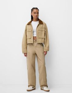 Cotton carpenter pants - Pants - Women | Bershka Bershka Jeans, Linen Blend Pants, Jean Boyfriend, Jumpsuit Jacket, Carpenter Pants, Carpenter Jeans, Relaxed Fit Jeans, Jeans Boyfriend, Fall Outfits Women