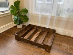 a wooden bed frame sitting on top of a hard wood floor next to a potted plant