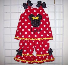 Red Polka Dot Minnie Mouse Applique and Monogram Yellow Ric Rac A-line Top & Ruffle Pants Set Minnie Mouse Applique, Mouse Applique, Chic Shack, 2nd Birthday Party For Girl, Minnie Mouse Outfits, Minnie Mouse Birthday Party, Ruffle Pants, Minnie Mouse Birthday, Ric Rac