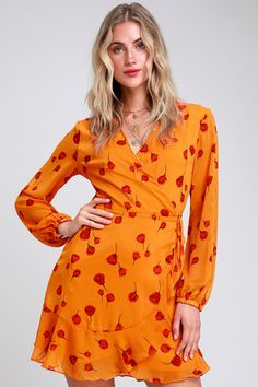 Mareena Orange Floral Print Long Sleeve Wrap Dress Coral Orange Dress, Sun Dress Casual, Cute Floral Dresses, Floral Party Dress, Orange Floral Print, Colors And Patterns, Floral Wrap Dress, Lulus Dresses, Long Sleeve Wrap Dress