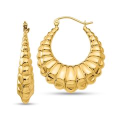 Get a big look and a lightweight feel with these scalloped hoop earrings. Hollow 14K gold Each tapered hoop features a scalloped edge and a polished finish 14.0 x 6.0mm Latch backs Nicki Minaj, Style Jewelry, Italian Style, Scalloped Edge, Theme Party, Animal Print, Fashion Jewelry, Hoop Earrings, Gold