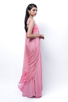 Rose pink concept pre-draped skirt saree with detachable pallu. Paired with thread, bead, 3D petal, sequin, pipe bead, pearl and zardozi embellished padded blouse. - Aza Fashions Traditional Pink Pre-draped Saree With Cutdana, Pink Silk Pre-draped Saree With Cutdana, Pink Draped Pre-draped Saree For Diwali, Pink Chanderi Pre-draped Saree With Cutdana, Pink Embellished Silk Pre-draped Saree, Ruffle Saree, Drape Saree, Hem Blouse, Beaded Neckline