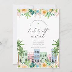 an image of a wedding card with flowers and palm trees on the front, in watercolor