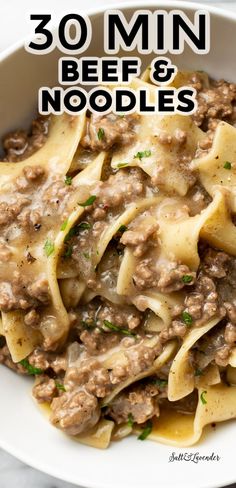 a bowl of pasta with text overlay that reads 30 min beef and noodles Easy Beef And Noodles Recipe, Beef And Noodles Recipe, Beef Pasta, Beef Casserole Recipes, Ground Beef Recipes Easy, Ground Beef Recipes For Dinner, Noodles Recipe, Beef Recipe, Recipes For Dinner