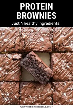 chocolate protein brownies stacked on top of each other with the title in the middle