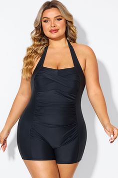 Black Ruched Panel Halter Women One Piece Swimsuit Black Ruched Fitted Bodysuit, Fitted Black Ruched Bodysuit, Black Fitted Ruched Bodysuit, Black Swimwear With Ruched Back For Pool, Black Ruched Back Swimwear For Pool, Black Swimwear With Ruched Back, Black Ruched Tankini For Swimming, Black Tankini With Ruched Back For Pool, Fitted Black Tankini With Ruched Back