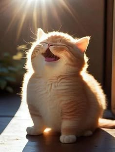 an orange and white cat yawns while sitting on the floor with its mouth open