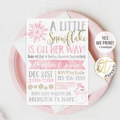 a pink and gold snowflake is on her way baby shower or birthday party