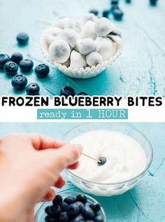 blueberry bites are being dipped with cream in a bowl, and then topped with fresh blueberries