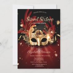 Masquerade Red Sweet 16 Invitation  Zazzle Red Sweet 16, Sweet 16 Masquerade Party, Masquerade Party Dresses, Princess Sweet 16, Confetti Dots, Masquerade Party, Gold Confetti