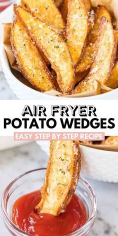 air fryer potato wedges in a bowl with ketchup