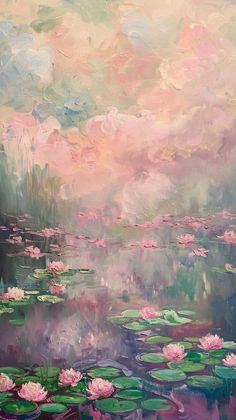 a painting of water lilies and pink clouds