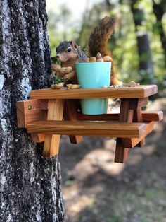 a squirrel sitting on top of a wooden shelf next to a cup filled with nuts