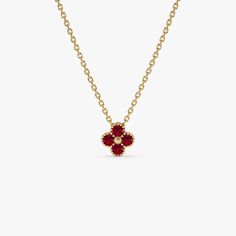 Indulge in the elegance of our 14K Solid Gold Ruby Mini Clover Necklace. This necklace showcases a 0.17 carat ruby flower pendant, offering a blend of dainty luxury and floral design. Ideal for bridal wear or as a sophisticated addition to any fine jewelry collection, it makes a stunning statement. A perfect choice for those seeking elegant and timeless fine jewelry. * Gold Kt: 14K * Custom Gold Color: Rose Gold, Yellow Gold, White Gold * Length & Width: 6.5 x 6.5 MM * Round Ruby: 4 Pcs 2.0 MM * Total CTW: 0.17 * Ready to Ship in 1-2 Business Days ▶ See more of our Emerald Jewelry - https://etsy.me/3QCyZBQ ▶ See our storefront here - http://etsy.me/2lUcVnH  ▶ All store sections here * Diamond Rings - http://etsy.me/2lwKUl8 * Diamond Earrings - http://etsy.me/2lyqVBP * Diamond Necklace - ht Ruby Flower, Necklace Elegant, Gold Armband, Clover Necklace, Ruby Jewelry, Floral Necklace, Emerald Jewelry, Fine Jewelry Collection, Sapphire Jewelry