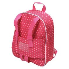 a pink backpack with white polka dots on the front and back straps, sitting against a white background