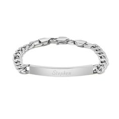 Eve's Addiction offers a high quality Stainless Steel ID Bracelet - engravable! Personalize with a name on the slim ID bracelet. Two Couples, Coordinates Jewelry, Family Tree Necklace, Monogram Jewelry, Figaro Chain, Id Bracelets, Cz Stud Earrings, Everyday Accessories, Engraved Jewelry