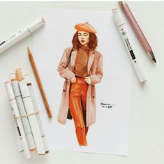 a drawing of a woman wearing an orange hat and coat with her hands on her hips