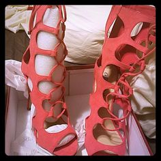 New Stylish Gladiator Heeled Sandals Pink Lace-up Sandals With Heel Strap, Trendy Pink Lace-up Sandals, Orange Lace-up Summer Heels, Orange Lace-up Heels For Summer, Watermelon Pink Color, High Gladiator Sandals, Gladiator Sandals Heels, Gladiator Heels, Shoes Brand