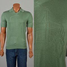 Description: Great 1960s knit polo by English Sportswear. Light green knit with car design knitted into center front. Collared with a small V neck. Short Sleeved. Condition: Excellent Condition Details: No notable flaws Size Marked: M Approximate Size: Small **Please Check Measurements to be Sure! Textile: Unmarked Lining Type: Unlined Closure: None Label: English Sportswear Era: 1960s Measurements- Shoulder to Shoulder:  17" Shoulder to Cuff:  11" Chest/Bust:  36" Waist:  34" Length:  25" All m Classic Fitted Green Polo Sweater, Fitted Classic Green Polo Sweater, Green Fitted Classic Polo Sweater, Retro Knit Polo Sweater With Ribbed Collar, Vintage Green Knit Tops, Vintage Polo Sweater With Ribbed Collar, Vintage Green Polo Shirt With Polo Collar, Vintage Fitted Top With Ribbed Collar, Knit Polo