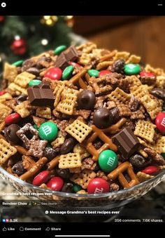 a glass bowl filled with christmas cheer cereal