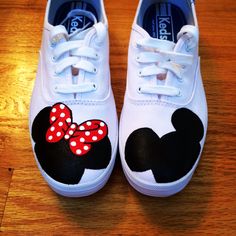 Hand painted Minnie and Mickey Mouse's head on my keds sneakers for disney!!                                                                                                                                                      More Mickey Mouse Sneakers, Diy Disney Shoes Cricut, Disney White Sneakers With Mickey Mouse, Disney Painted Shoes Diy Easy, Painted Keds, Cute Low-top Sneakers With Mickey Mouse Design, Silhouette Disney, Minnie & Mickey Painted Shoes