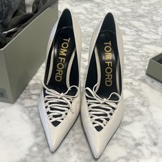 Tom Ford White Leather Stilletos Brand New Size 38 Tom Ford Heels, Blush Pumps, Ankle Wrap Heels, Tom Ford Shoes, Tie Up Heels, White Leather Sandals, Bow Pumps, Evening Sandals, Wrap Heels