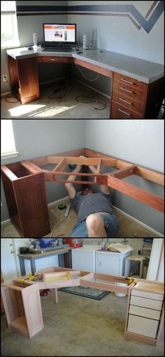 two pictures of a man laying on the ground in front of a desk with drawers