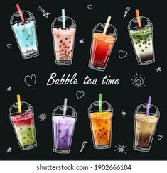 a set of six different colored drinks with straws and bubble tea in glasses on a black background