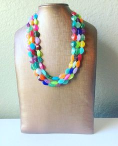 "Vibrant. Hand Beaded. Chic. Lots of COLOR! What more could you want?! 16\" Necklace with a 4\" silver extender chain. Acrylic beads. Thank you for supporting American handmade business! Please contact me with any questions." Colorful Statement Necklace, Necklace Colorful, Rainbow Necklace, Necklace Chunky, Colorful Jewelry, Cool Necklaces, Handmade Business, Acrylic Beads, Hand Beading