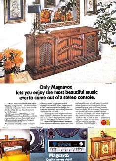 an advertisement for magnavox furniture with pictures on the wall and in front of it