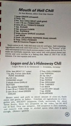 a menu with instructions on how to make chilis for lunch or dinner at home