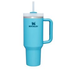 a blue travel mug with a straw sticking out of the top and an insulated lid