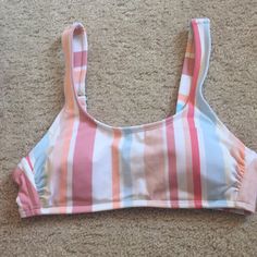 Super Cute Bikini Top From Target! Size Xs But It’s Adjustable! Still Has Cups! Never Worn! Great Condition! Beach Season Crop Top With Built-in Bra For Poolside, Beach Season Crop Top With Built-in Bra, Poolside Crop Top With Built-in Bra For Beach Season, Fun White Swimwear For Poolside, Summer Striped Crop Top For Beach, Fun White Stretch Swimwear, White Stretch Swimwear For Fun, Pink Poolside Beachwear Crop Top, White Crop Top For Poolside And Beach Season