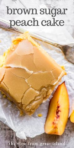 a piece of brown sugar peach cake on top of wax paper