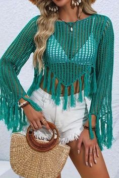 Crochet Cover Up Fringe Hem Top, Casual Beach Wear Long Sleeve Crop Sweater Bohemian Sweater For Beach Season Vacation, Green Spring Sweater For The Beach, Bohemian Crew Neck Summer Sweater, Bohemian Crew Neck Sweater For Summer, Summer Bohemian Crew Neck Sweater, Green Long Sleeve Sweater For Vacation, Green Bohemian Summer Sweater, Fitted Crochet Sweater For Beach, Bohemian Crochet Sweater For Beach