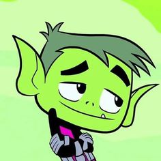 an animated cartoon character with green hair and black eyes, standing in front of a green background